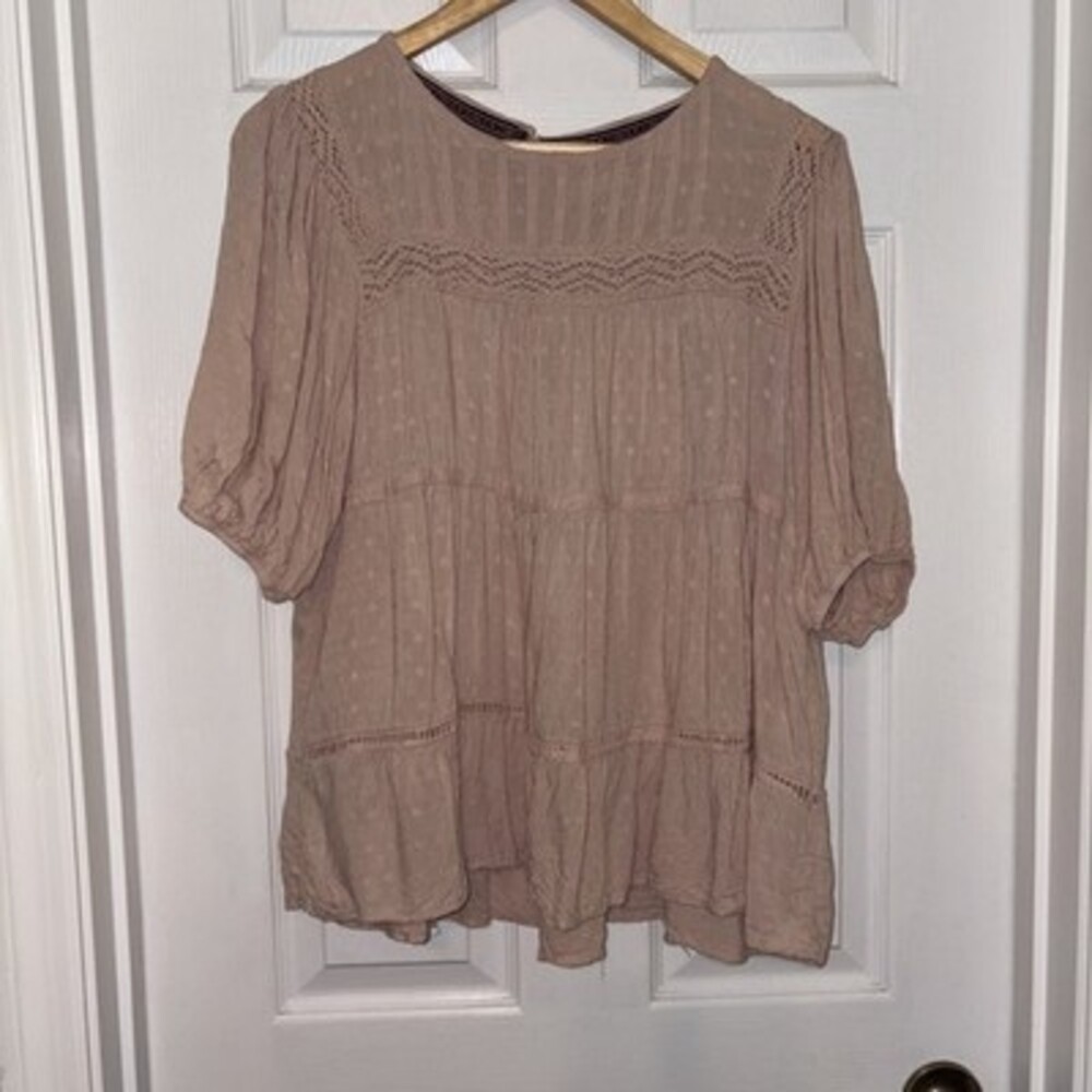 EUC Knox Rose Size Large Blush, Pink Flowy, Peasant Top, Crochet, Short Sleeve